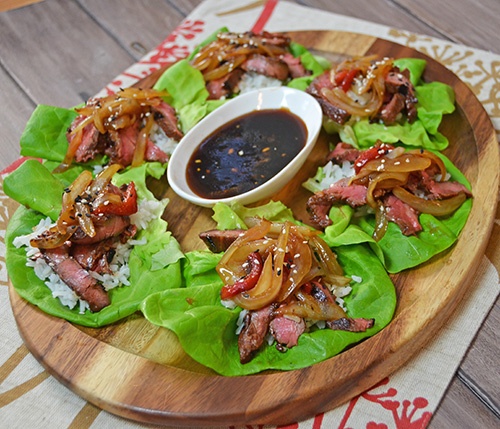 Korean Flank Steak Lettuce Wraps with Hoisin Onions